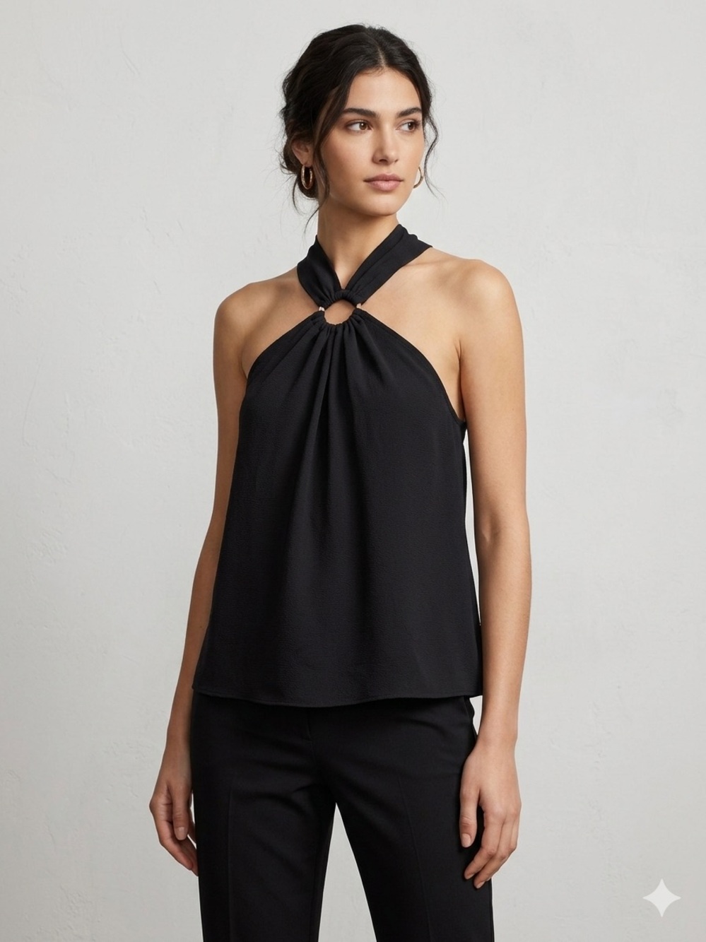 Michael Kors Black Halter Blouse Gold Ring O-Ring Drape Top Sz M Crêpe